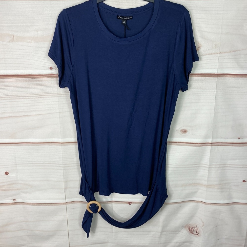 Alison Andrews Top Womens L Blue Short Sleeve T-Shirt Tunic Belted Round Neck